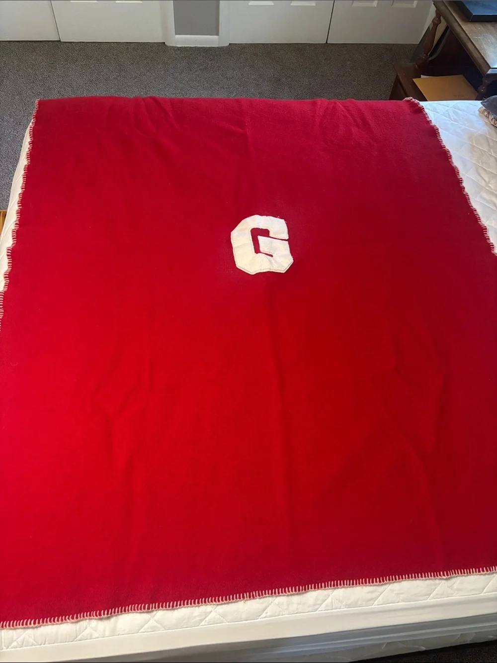 Wool Red Holiday Throw Blanket with White 'G' letter Amana Woolen Mills